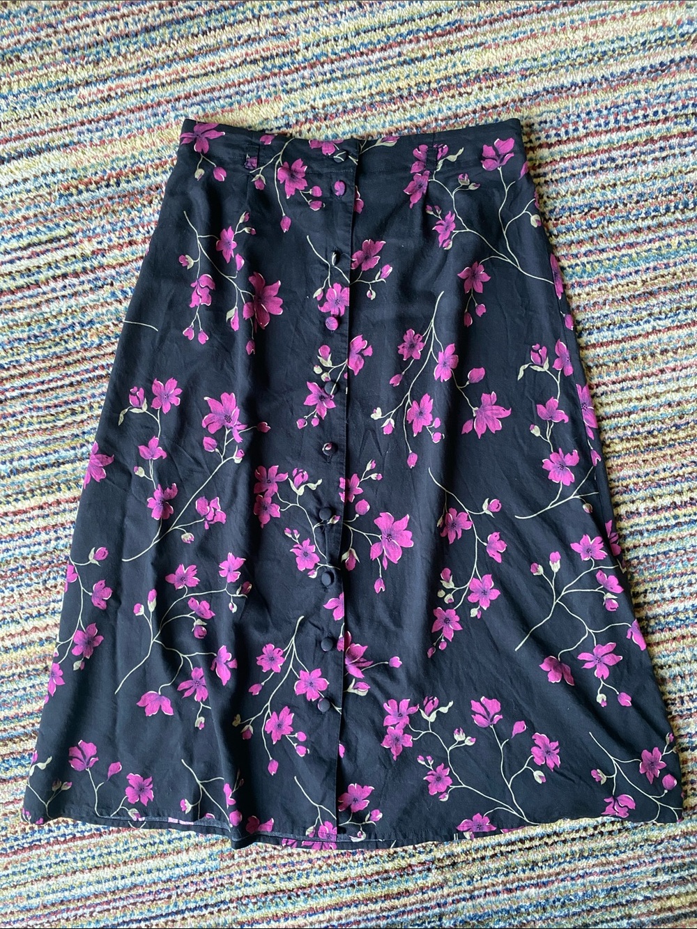 Sag Harbor Black A-Line Button Front Skirt with Pink Floral Print